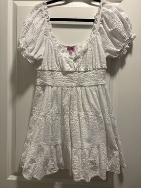 Francesca's Collections White Puff Sleeve Smocked Waist Mini Dress